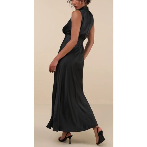 Lulus Maxi Long Dress Large Black Satin Mock Neck A Line Sleeveless NEW - Picture 4 of 12